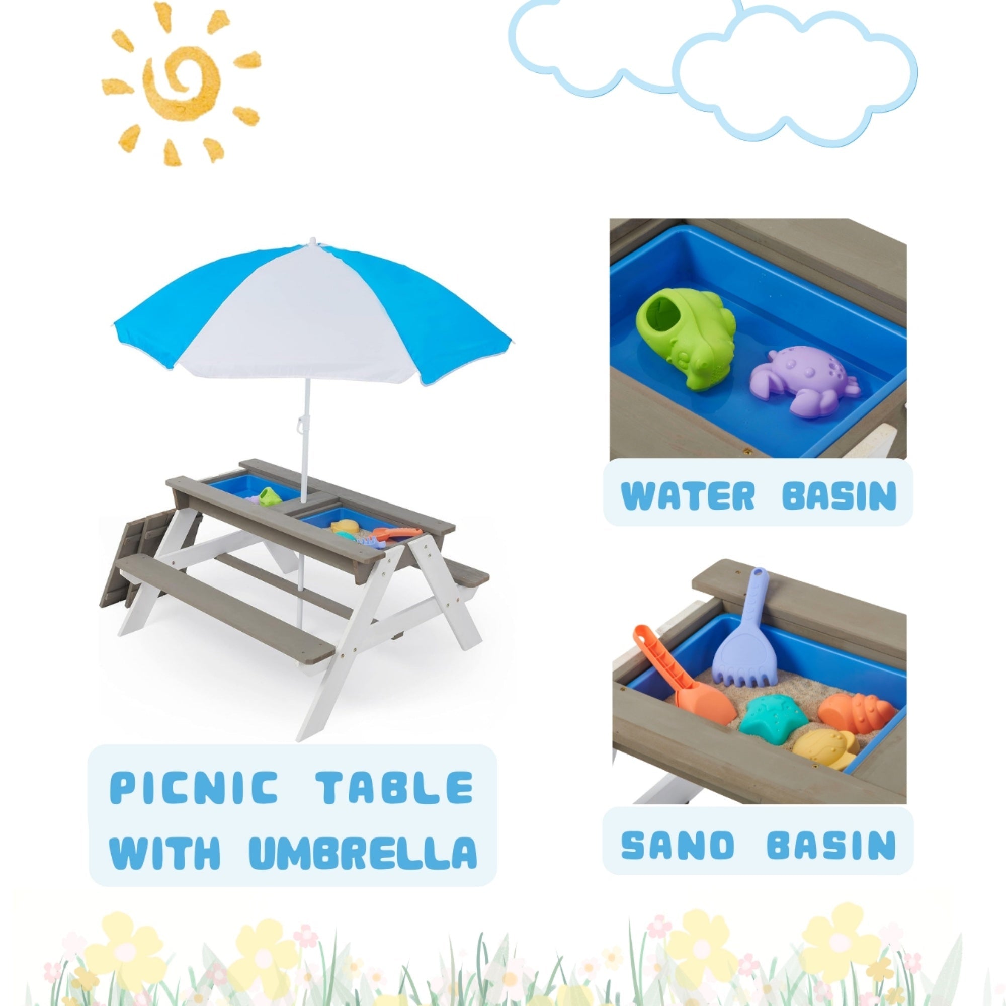 Bellemave® Kids Picnic Table with Umbrella, 3 - in - 1 Outdoor Wooden Convertible Sand & Water Table for Toddlers - Bellemave