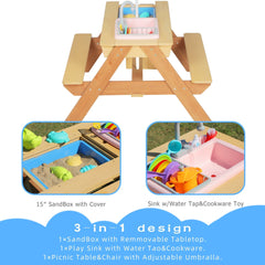 Bellemave® Kids Picnic Table with Umbrella, 3 - in - 1 Outdoor Wooden Convertible Sand & Water Table for Toddlers - Bellemave