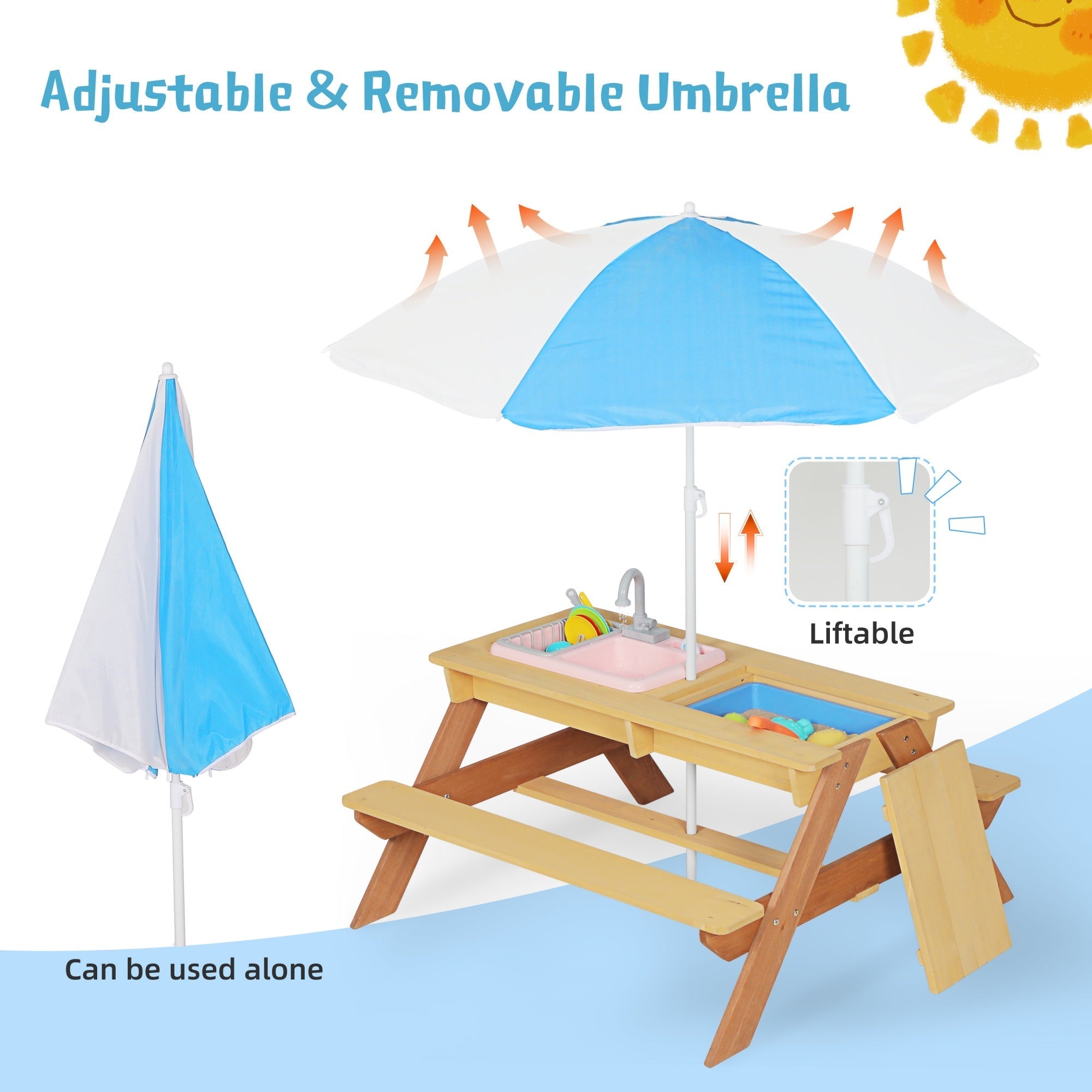 Bellemave® Kids Picnic Table with Umbrella, 3 - in - 1 Outdoor Wooden Convertible Sand & Water Table for Toddlers - Bellemave