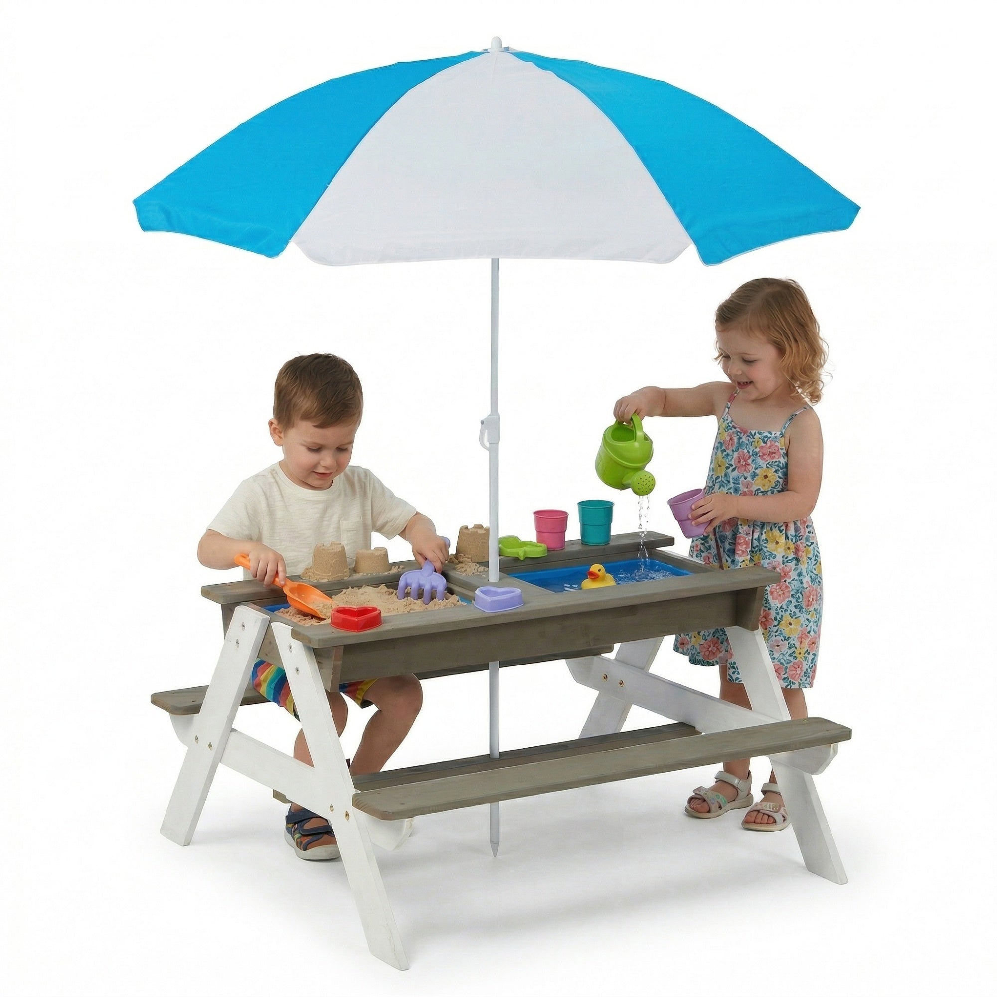 Bellemave® Kids Picnic Table with Umbrella, 3 - in - 1 Outdoor Wooden Convertible Sand & Water Table for Toddlers - Bellemave