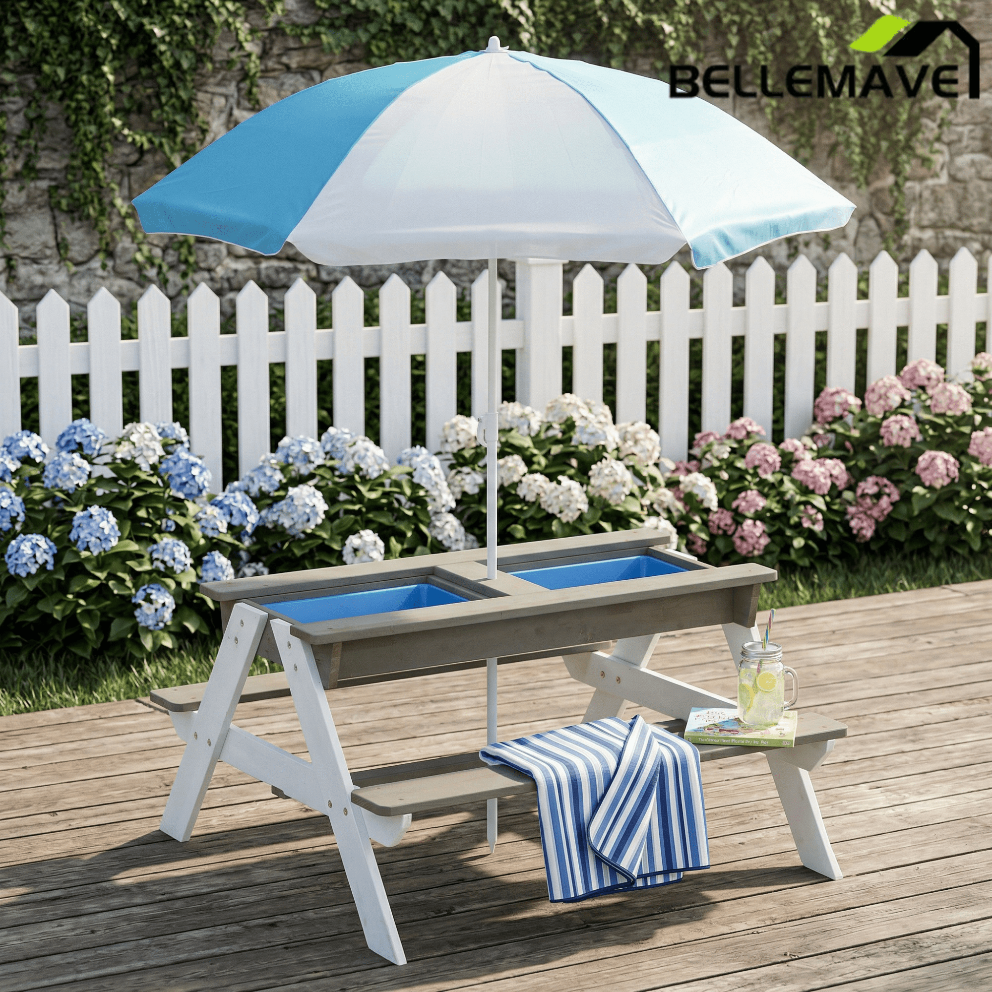 Bellemave® Kids Picnic Table with Umbrella, 3 - in - 1 Outdoor Wooden Convertible Sand & Water Table for Toddlers - Bellemave