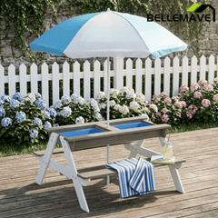 Bellemave® Kids Picnic Table with Umbrella, 3 - in - 1 Outdoor Wooden Convertible Sand & Water Table for Toddlers - Bellemave
