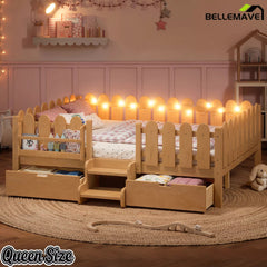 Bellemave® Kids Platform Bed with Guardrail, Bookshelf, Stairs & LED Lights - Bellemave