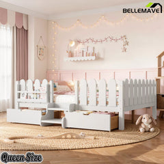 Bellemave® Kids Platform Bed with Guardrail, Bookshelf, Stairs & LED Lights - Bellemave