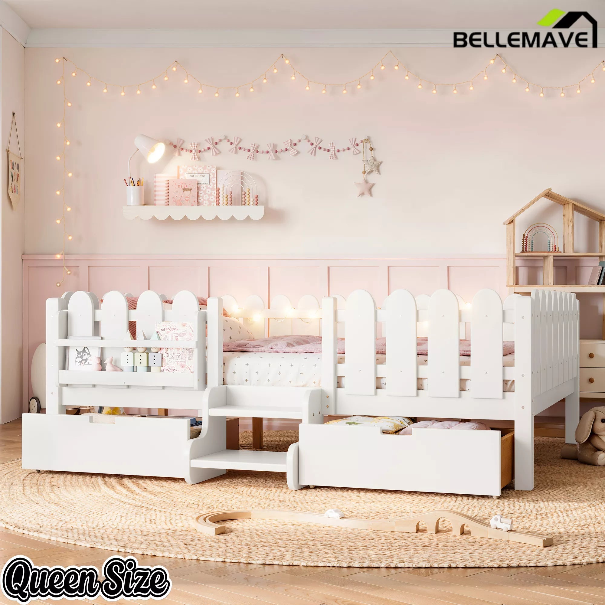 Bellemave® Kids Platform Bed with Guardrail, Bookshelf, Stairs & LED Lights - Bellemave