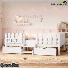 Bellemave® Kids Platform Bed with Guardrail, Bookshelf, Stairs & LED Lights - Bellemave