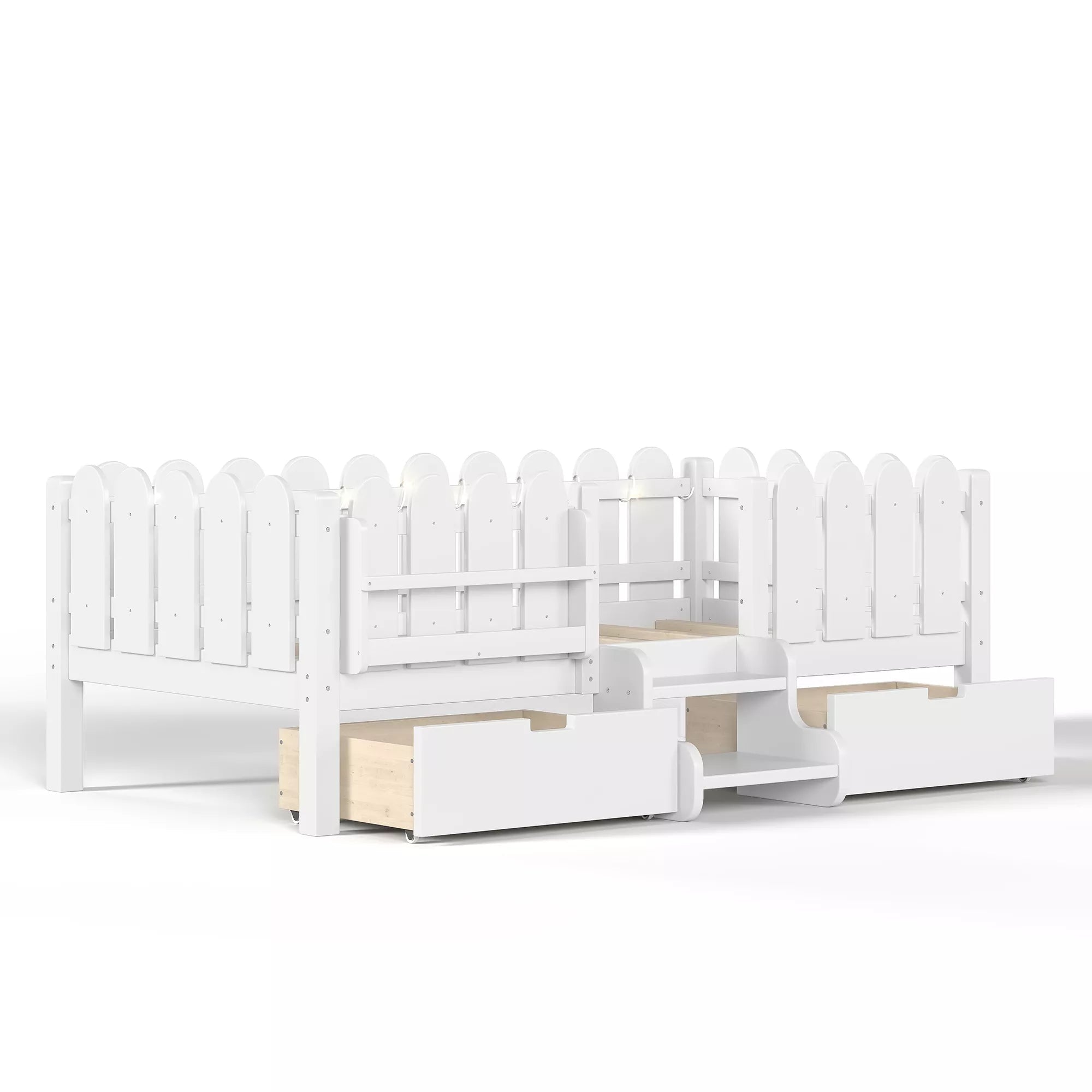 Bellemave® Kids Platform Bed with Guardrail, Bookshelf, Stairs & LED Lights - Bellemave