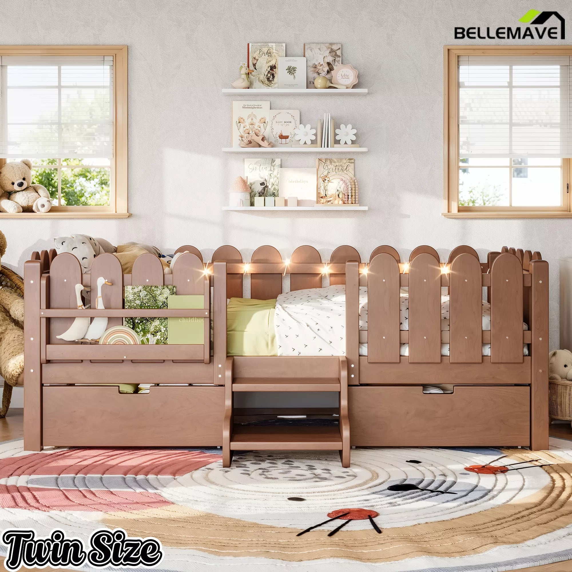 Bellemave® Kids Platform Bed with Guardrail, Bookshelf, Stairs & LED Lights - Bellemave