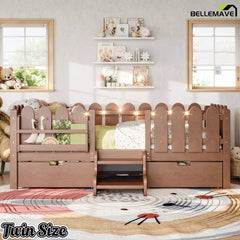 Bellemave® Kids Platform Bed with Guardrail, Bookshelf, Stairs & LED Lights - Bellemave