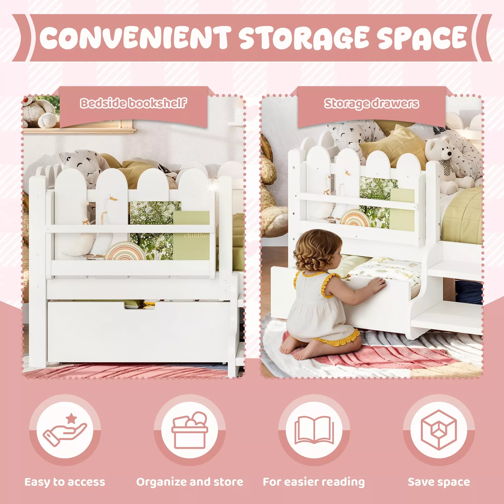 Bellemave® Kids Platform Bed with Guardrail, Bookshelf, Stairs & LED Lights - Bellemave