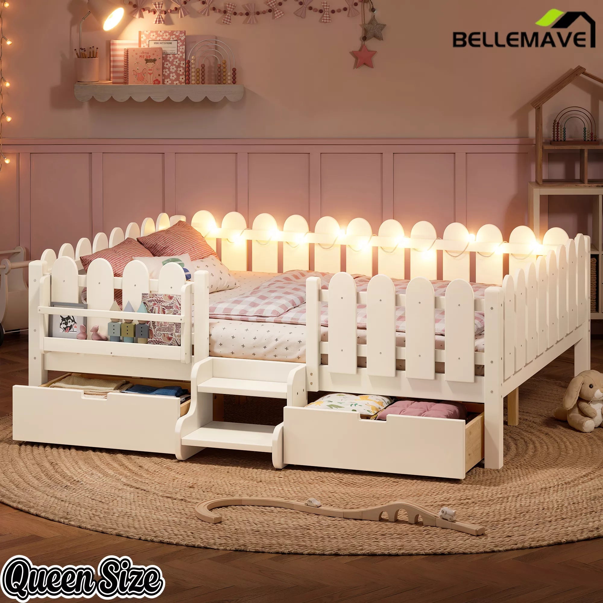 Bellemave® Kids Platform Bed with Guardrail, Bookshelf, Stairs & LED Lights - Bellemave