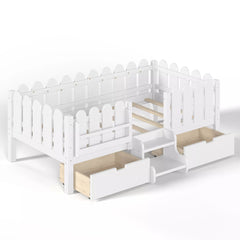 Bellemave® Kids Platform Bed with Guardrail, Bookshelf, Stairs & LED Lights - Bellemave