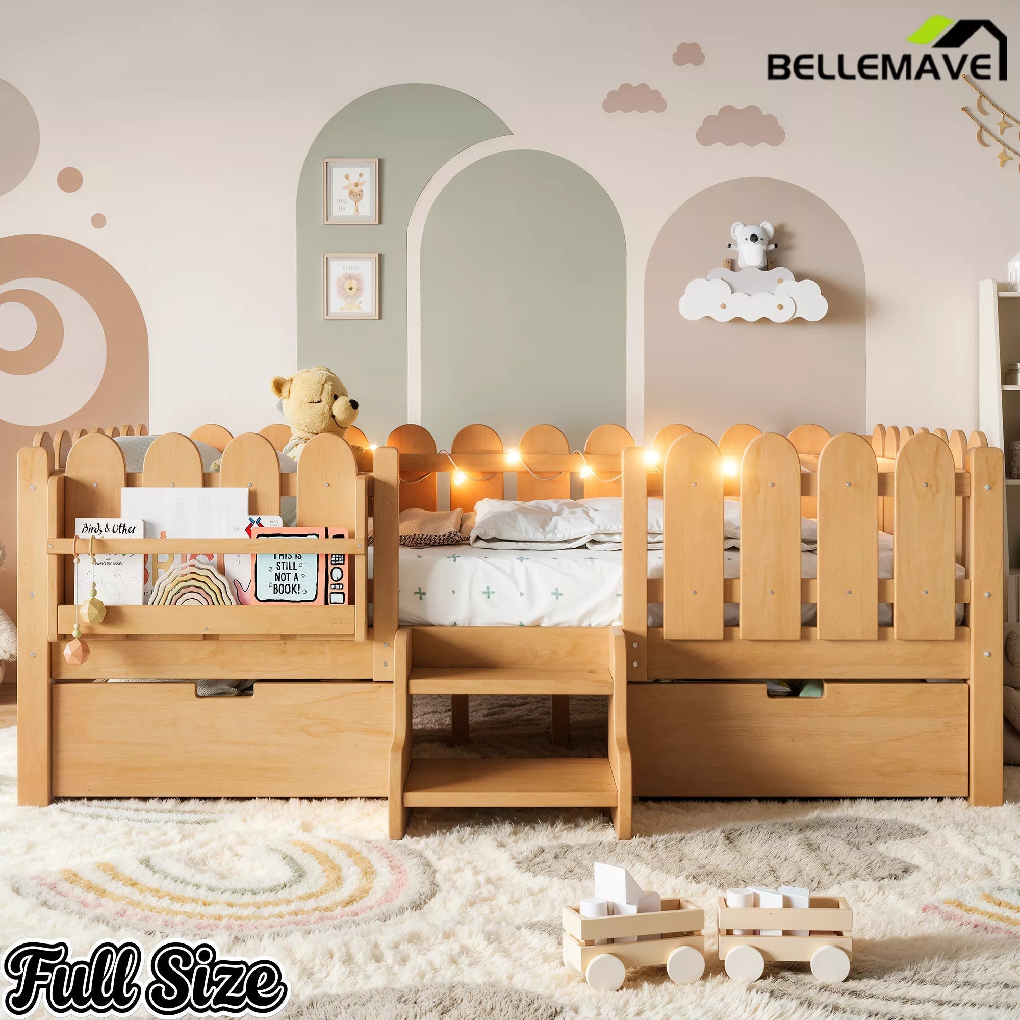 Bellemave® Kids Platform Bed with Guardrail, Bookshelf, Stairs & LED Lights - Bellemave