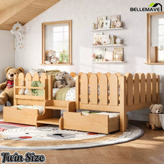 Bellemave® Kids Platform Bed with Guardrail, Bookshelf, Stairs & LED Lights - Bellemave