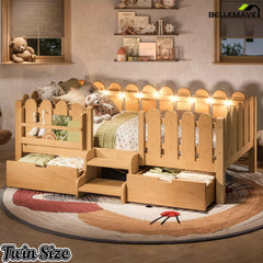 Bellemave® Kids Platform Bed with Guardrail, Bookshelf, Stairs & LED Lights - Bellemave