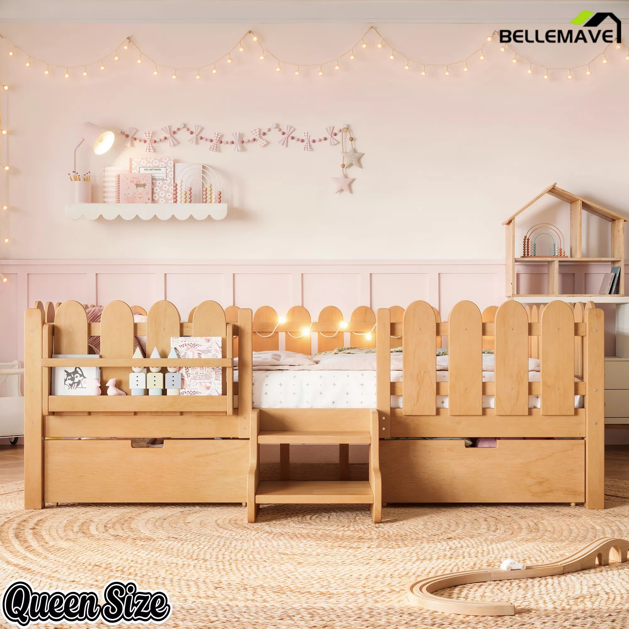 Bellemave® Kids Platform Bed with Guardrail, Bookshelf, Stairs & LED Lights - Bellemave