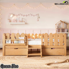 Bellemave® Kids Platform Bed with Guardrail, Bookshelf, Stairs & LED Lights - Bellemave
