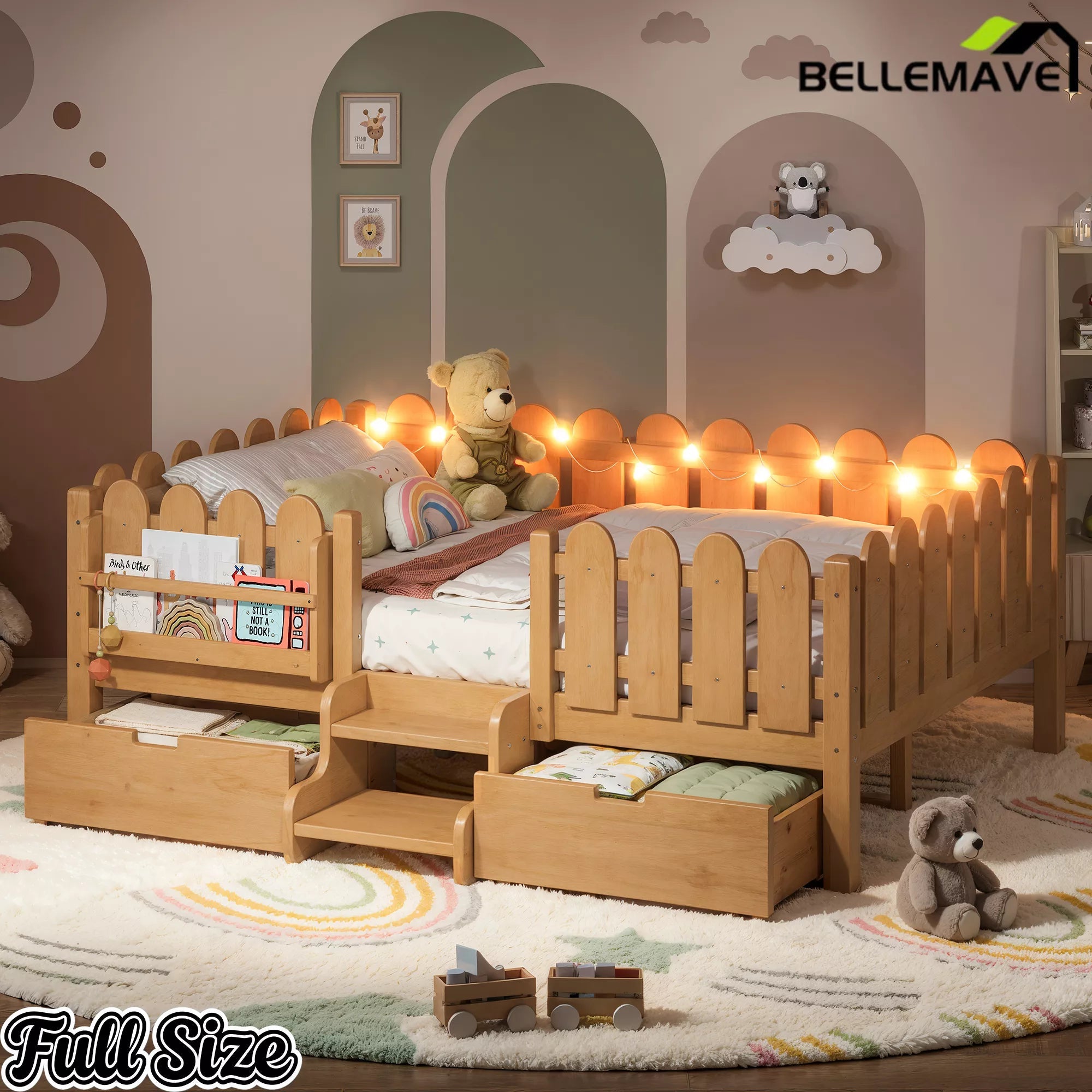 Bellemave® Kids Platform Bed with Guardrail, Bookshelf, Stairs & LED Lights - Bellemave