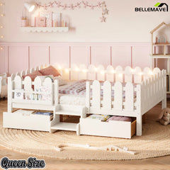 Bellemave® Kids Platform Bed with Guardrail, Bookshelf, Stairs & LED Lights - Bellemave
