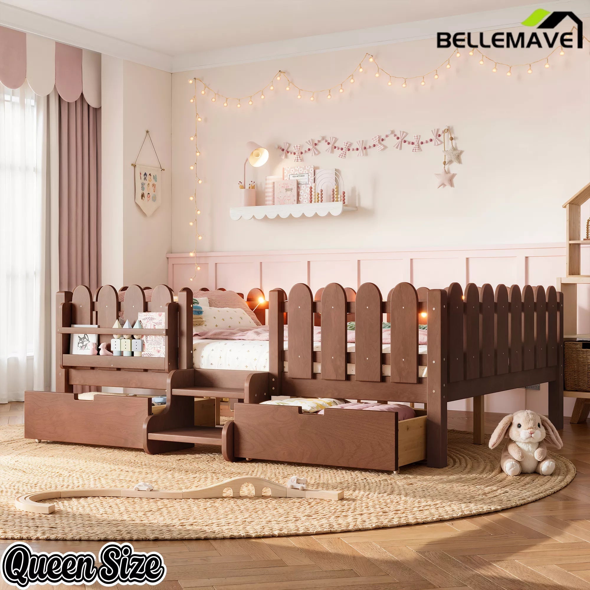 Bellemave® Kids Platform Bed with Guardrail, Bookshelf, Stairs & LED Lights - Bellemave