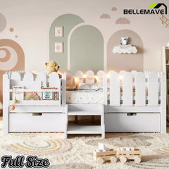 Bellemave® Kids Platform Bed with Guardrail, Bookshelf, Stairs & LED Lights - Bellemave