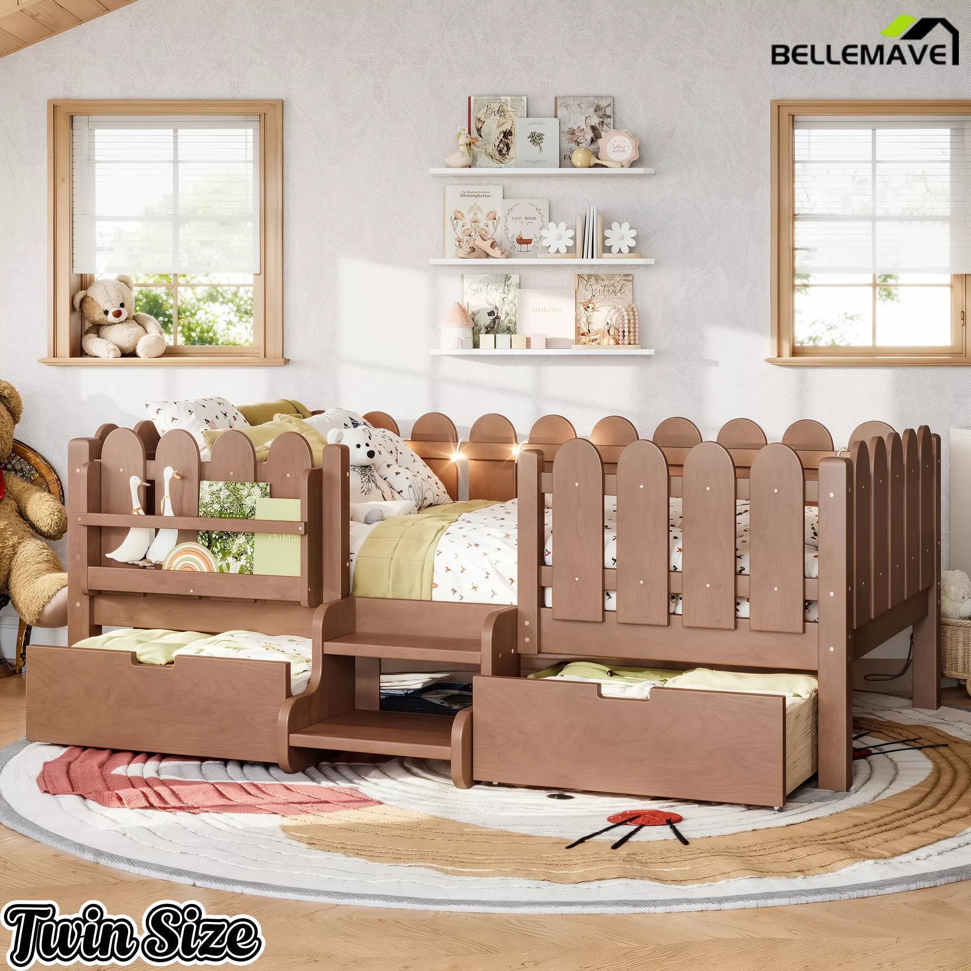 Bellemave® Kids Platform Bed with Guardrail, Bookshelf, Stairs & LED Lights - Bellemave