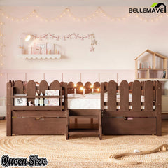 Bellemave® Kids Platform Bed with Guardrail, Bookshelf, Stairs & LED Lights - Bellemave