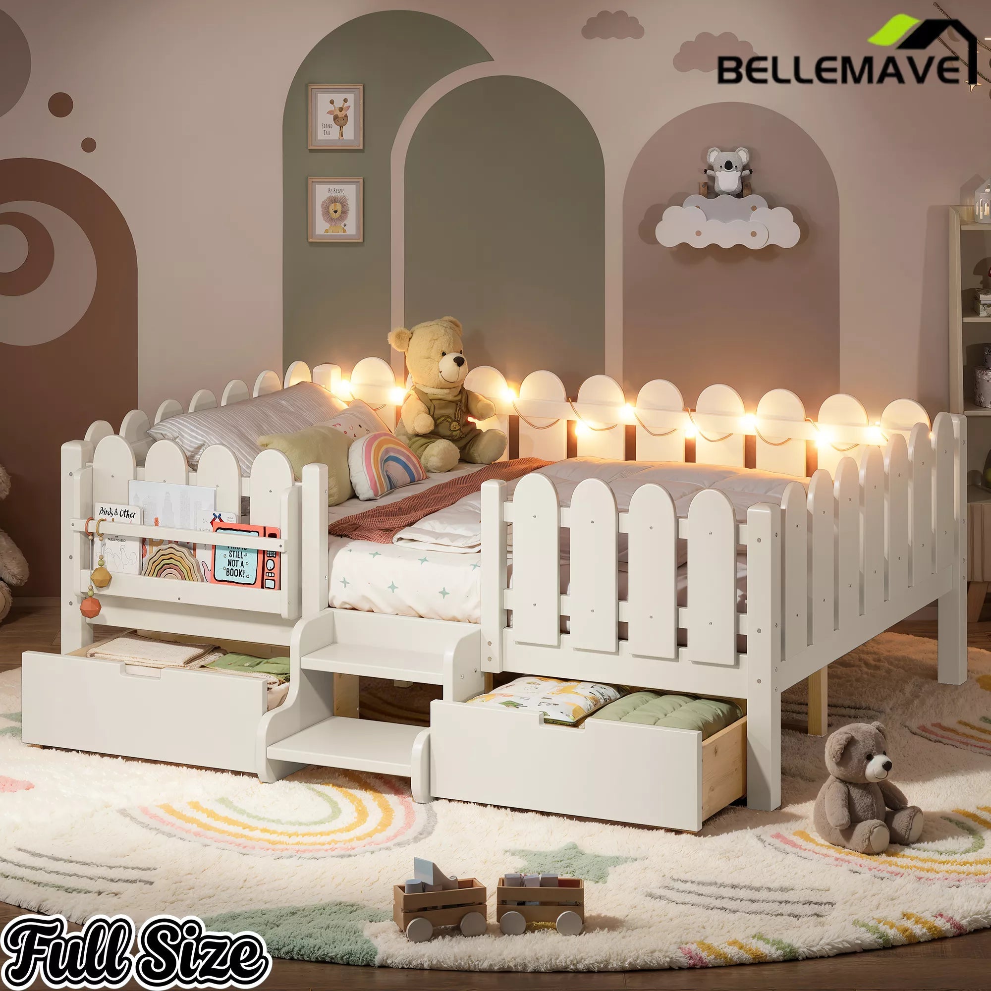 Bellemave® Kids Platform Bed with Guardrail, Bookshelf, Stairs & LED Lights - Bellemave