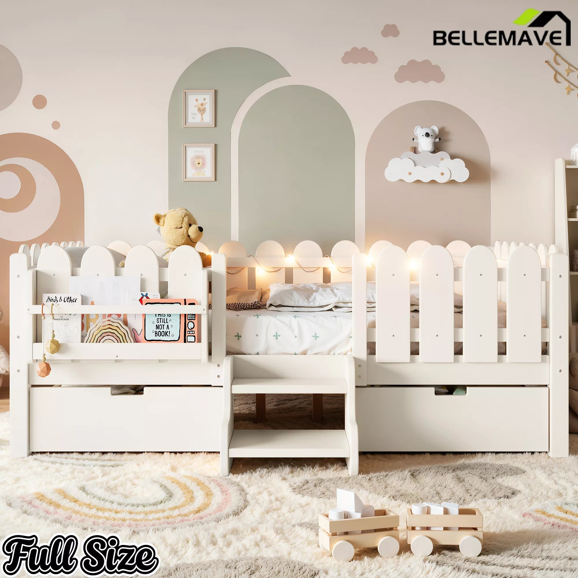 Bellemave® Kids Platform Bed with Guardrail, Bookshelf, Stairs & LED Lights - Bellemave