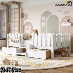 Bellemave® Kids Platform Bed with Guardrail, Bookshelf, Stairs & LED Lights - Bellemave