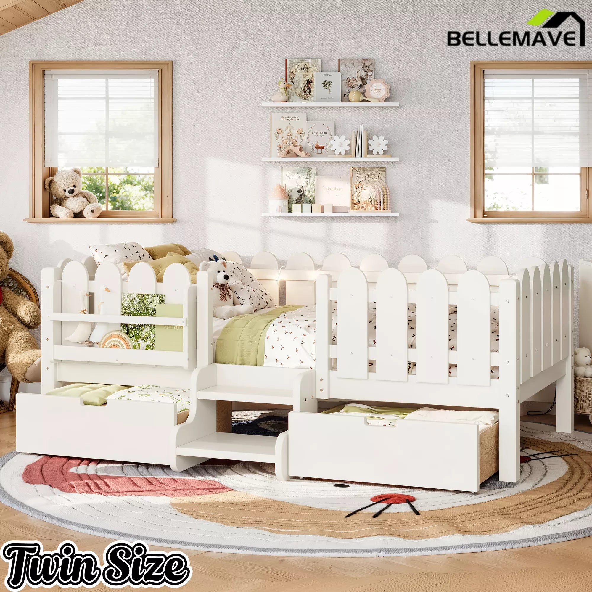Bellemave® Kids Platform Bed with Guardrail, Bookshelf, Stairs & LED Lights - Bellemave