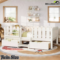 Bellemave® Kids Platform Bed with Guardrail, Bookshelf, Stairs & LED Lights - Bellemave