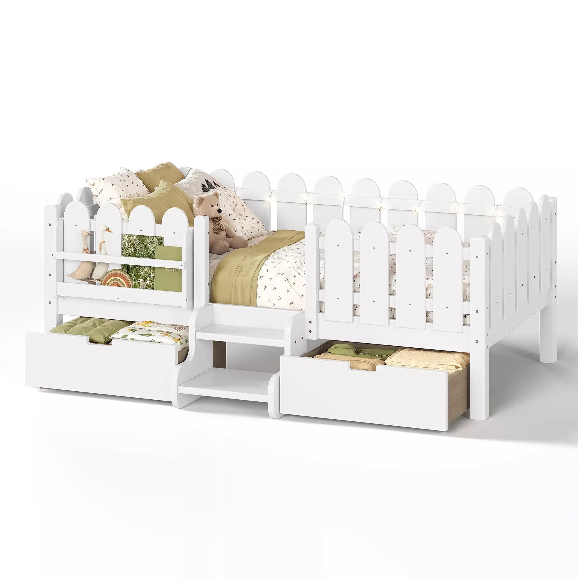 Bellemave® Kids Platform Bed with Guardrail, Bookshelf, Stairs & LED Lights - Bellemave