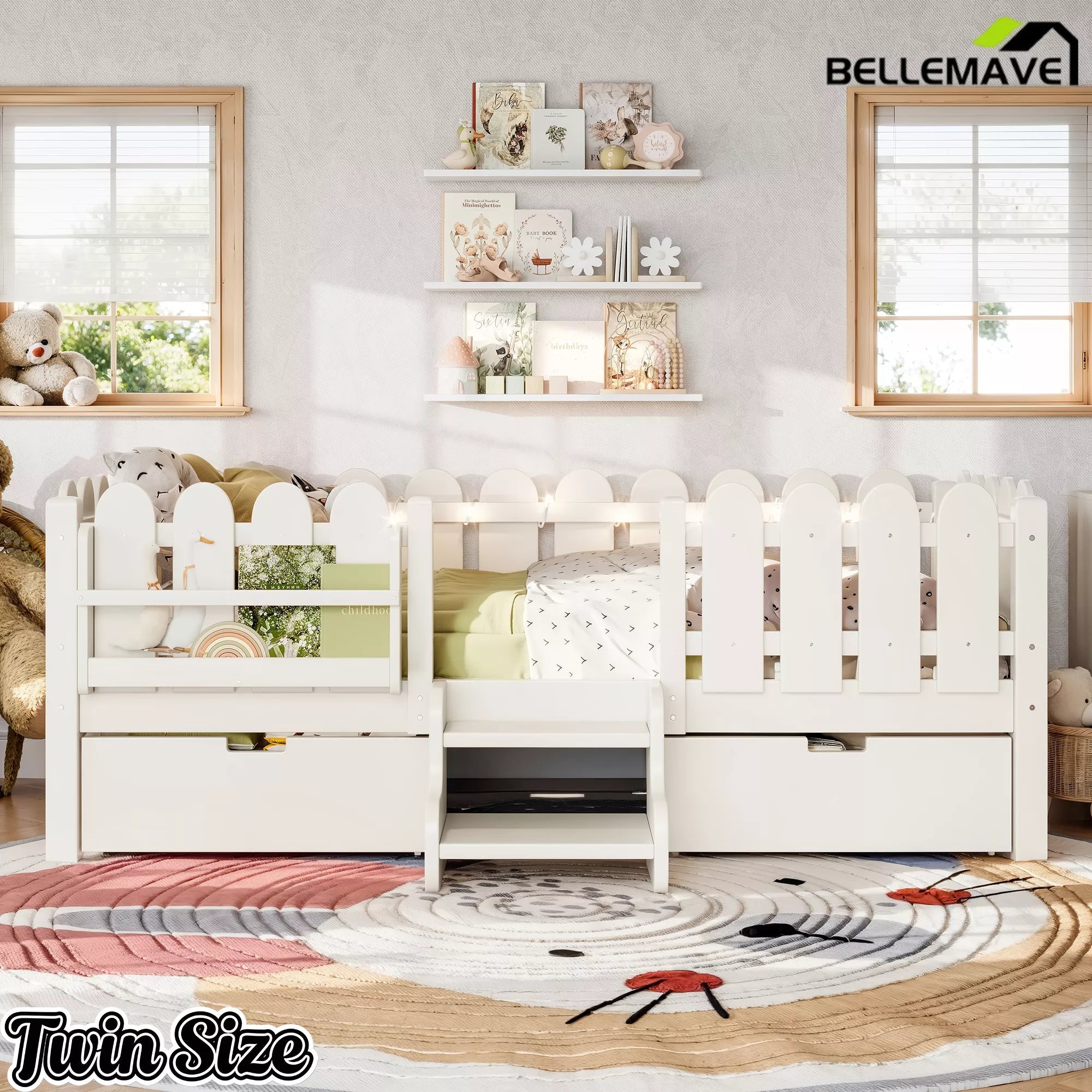Bellemave® Kids Platform Bed with Guardrail, Bookshelf, Stairs & LED Lights - Bellemave