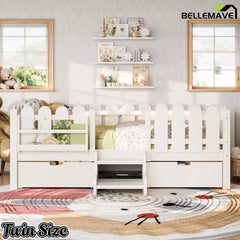 Bellemave® Kids Platform Bed with Guardrail, Bookshelf, Stairs & LED Lights - Bellemave