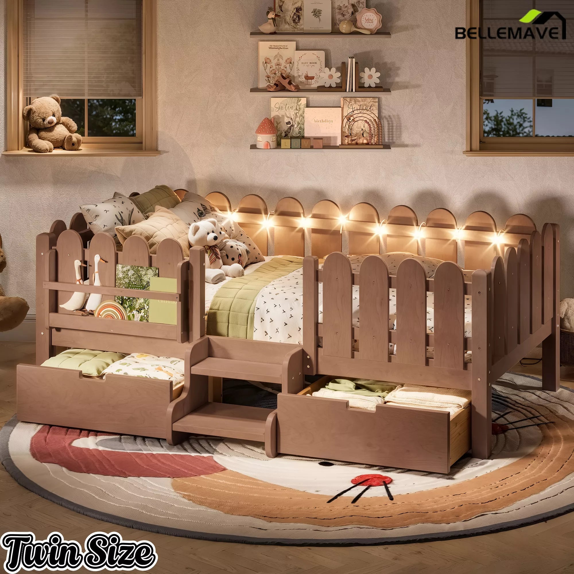 Bellemave® Kids Platform Bed with Guardrail, Bookshelf, Stairs & LED Lights - Bellemave
