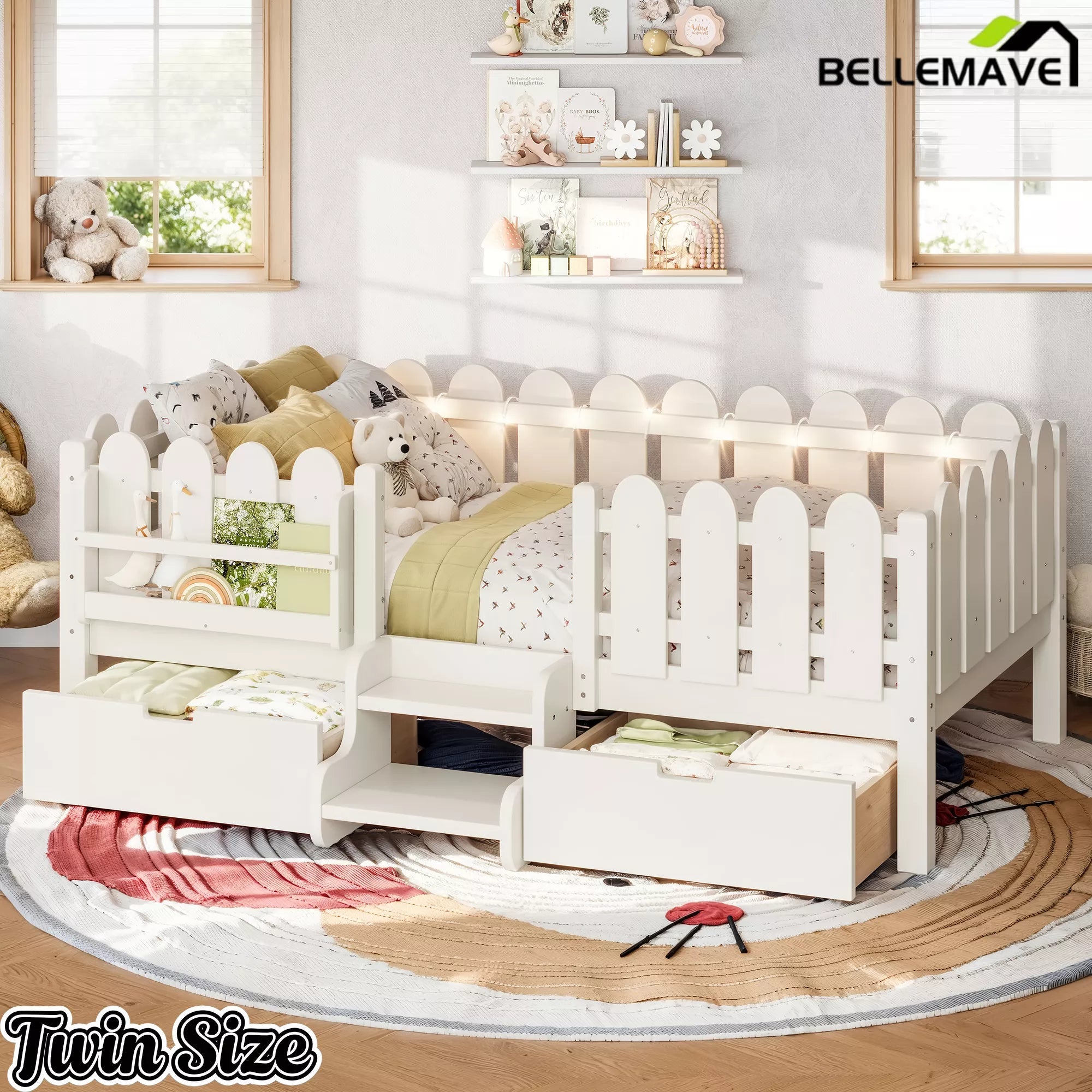 Bellemave® Kids Platform Bed with Guardrail, Bookshelf, Stairs & LED Lights - Bellemave