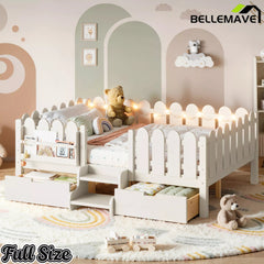 Bellemave® Kids Platform Bed with Guardrail, Bookshelf, Stairs & LED Lights - Bellemave