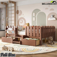 Bellemave® Kids Platform Bed with Guardrail, Bookshelf, Stairs & LED Lights - Bellemave