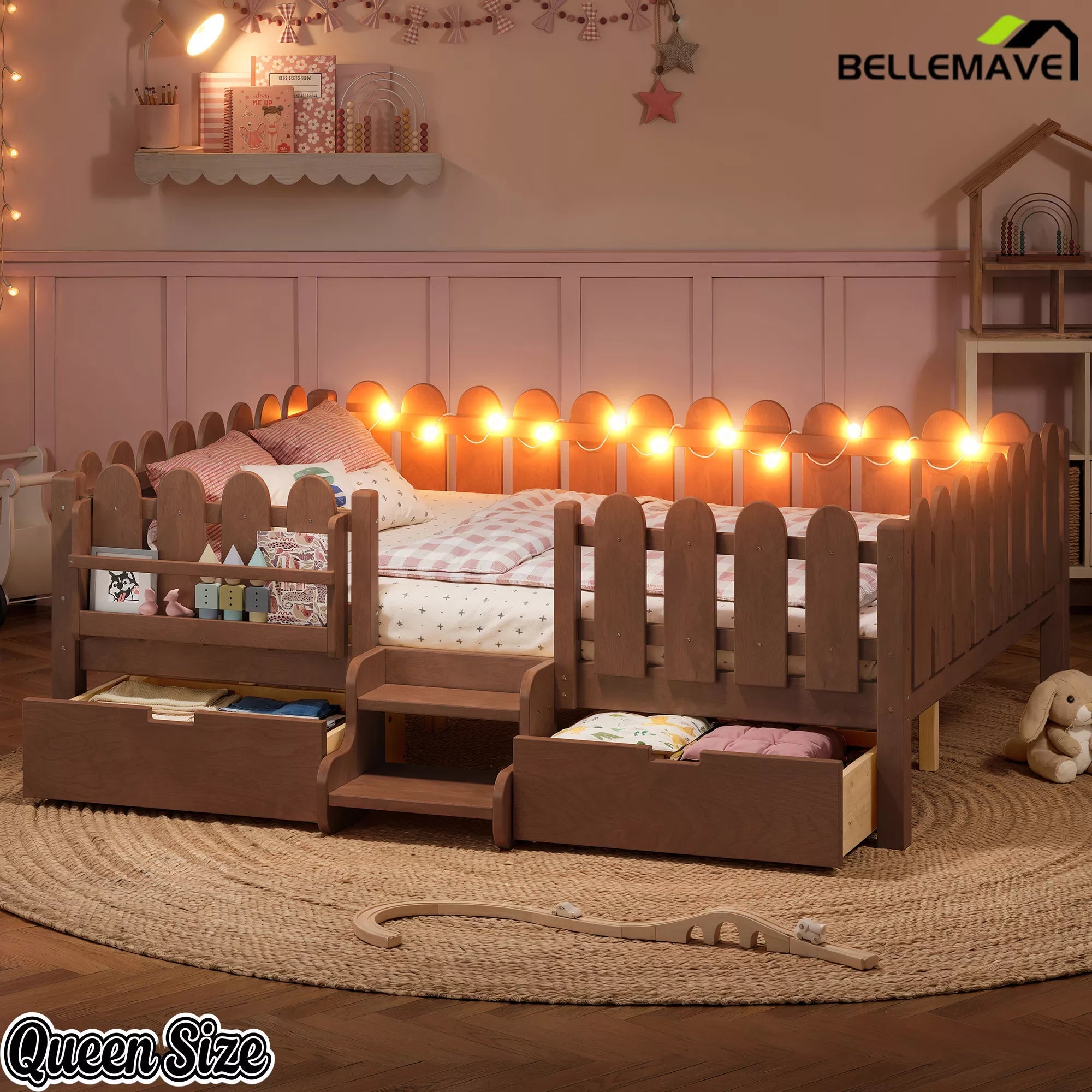 Bellemave® Kids Platform Bed with Guardrail, Bookshelf, Stairs & LED Lights - Bellemave