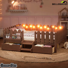 Bellemave® Kids Platform Bed with Guardrail, Bookshelf, Stairs & LED Lights - Bellemave