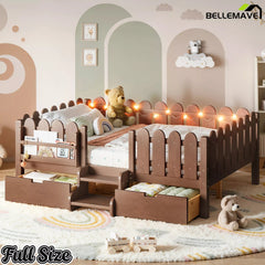 Bellemave® Kids Platform Bed with Guardrail, Bookshelf, Stairs & LED Lights - Bellemave