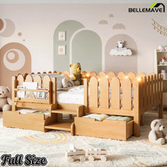 Bellemave® Kids Platform Bed with Guardrail, Bookshelf, Stairs & LED Lights - Bellemave