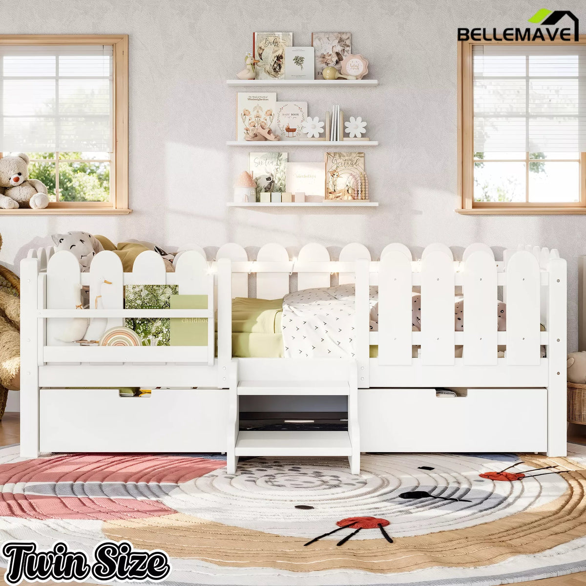 Bellemave® Kids Platform Bed with Guardrail, Bookshelf, Stairs & LED Lights - Bellemave