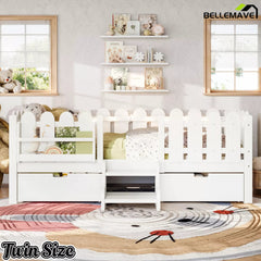 Bellemave® Kids Platform Bed with Guardrail, Bookshelf, Stairs & LED Lights - Bellemave