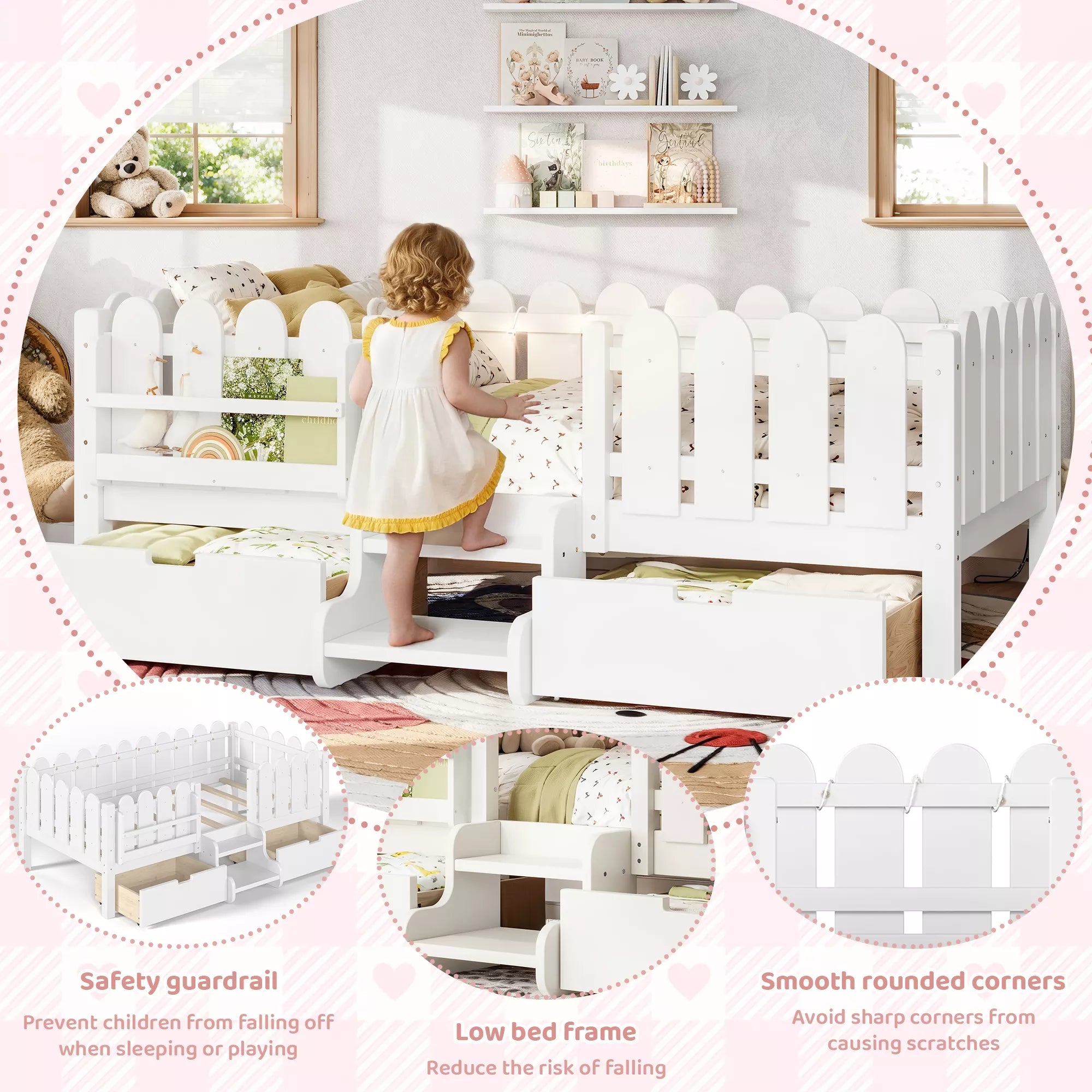 Bellemave® Kids Platform Bed with Guardrail, Bookshelf, Stairs & LED Lights - Bellemave