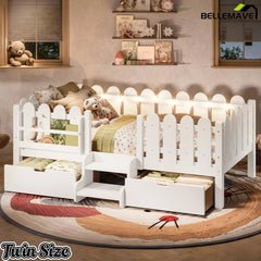 Bellemave® Kids Platform Bed with Guardrail, Bookshelf, Stairs & LED Lights - Bellemave