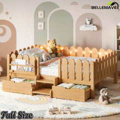 Bellemave® Kids Platform Bed with Guardrail, Bookshelf, Stairs & LED Lights - Bellemave