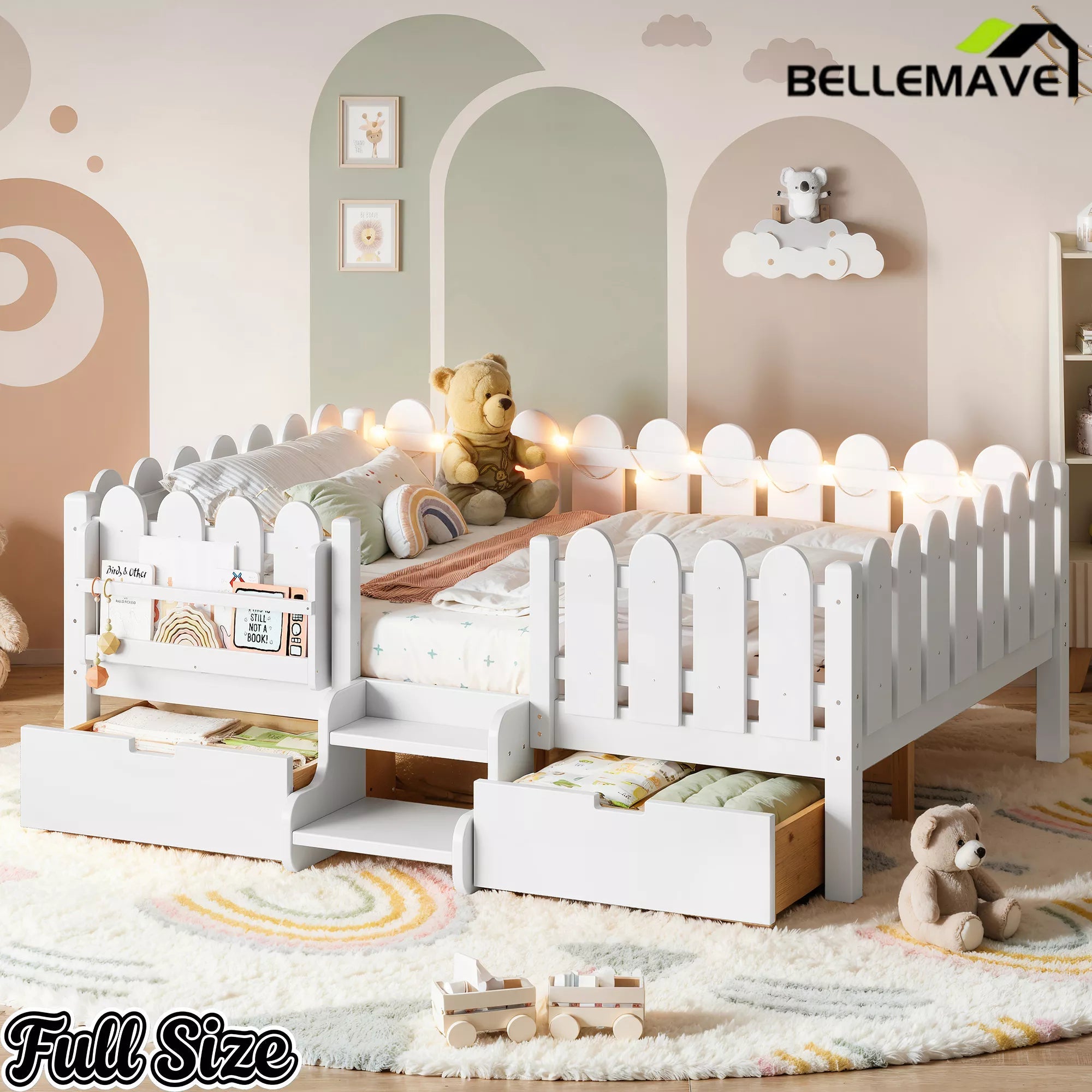 Bellemave® Kids Platform Bed with Guardrail, Bookshelf, Stairs & LED Lights - Bellemave