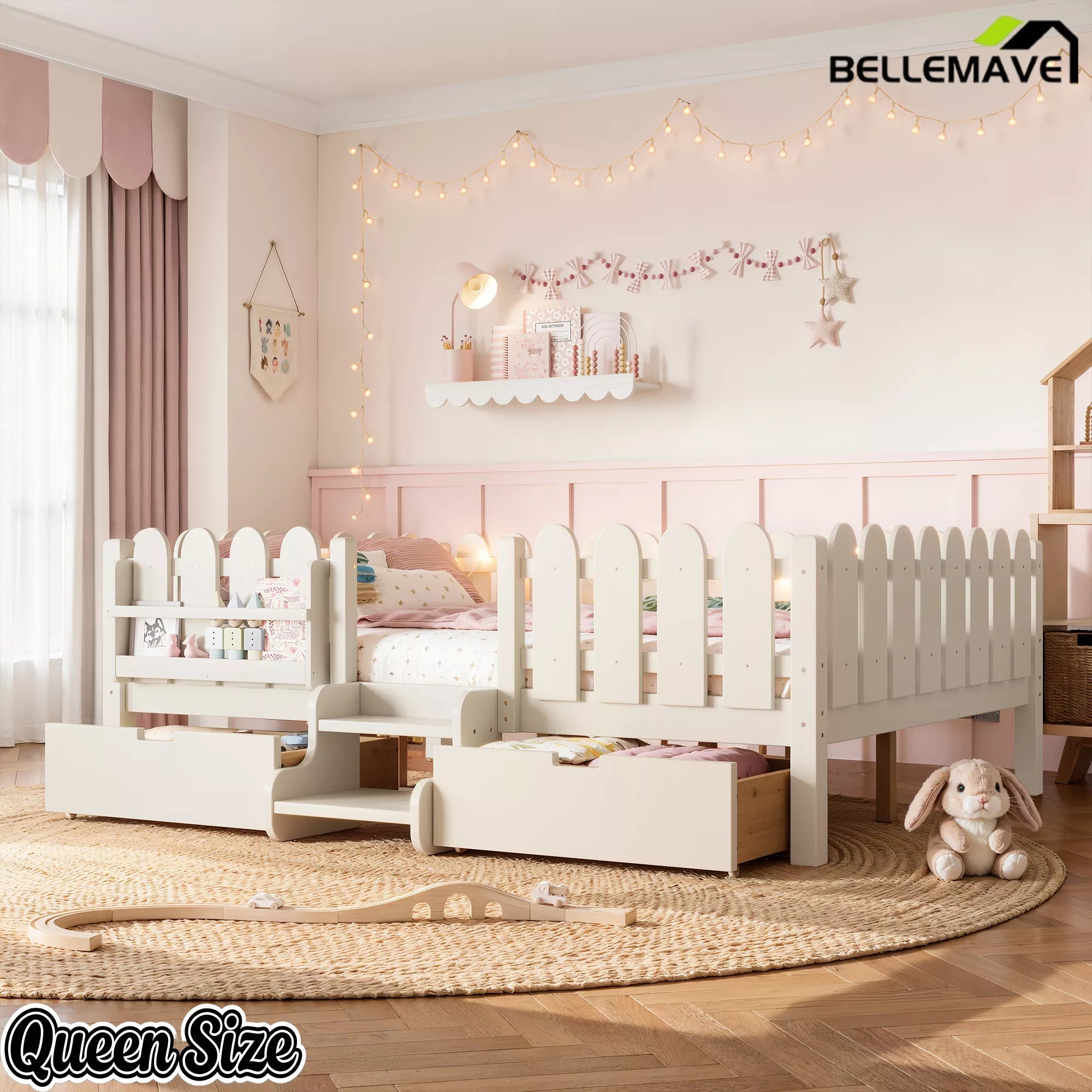 Bellemave® Kids Platform Bed with Guardrail, Bookshelf, Stairs & LED Lights - Bellemave